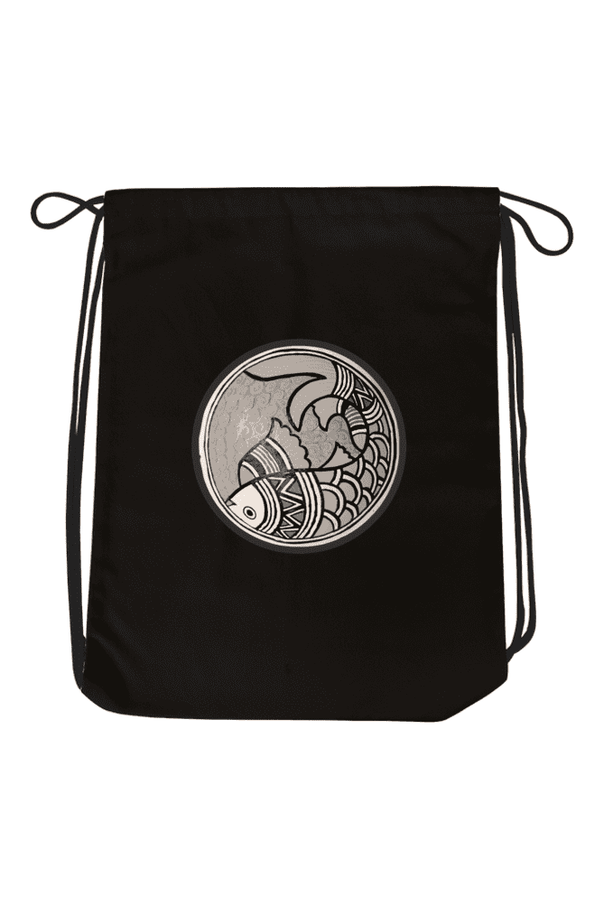Madhubani Art Drawstring Bag Black